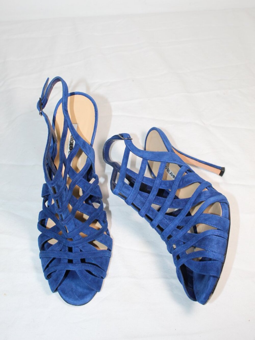 Manolo Blahnik Blue Suede Leather Cage Heels Sandals Slingback Booties 39.5